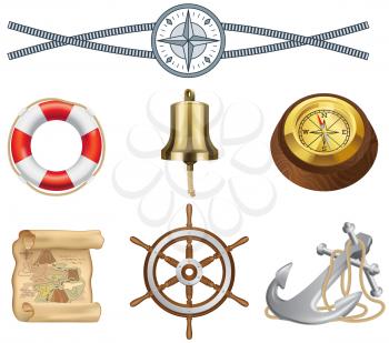 Attributes of marine theme vector set isolated on white rope, lifebuoy, vintage compass and steering wheel. Sea adventures and tourism objects set. Marine cruise, ocean journey and sea travelling