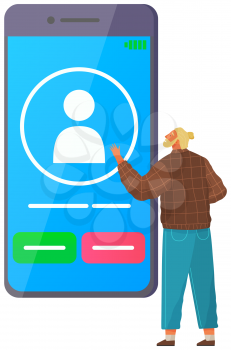 Male character uses smartphone to call. Man chatting in messenger. Application for virtual communication in smartphone. Guy selects contact in mobile app. Messenger interface with call icons on screen