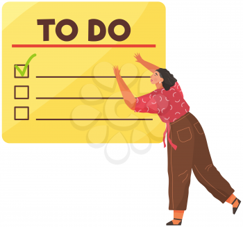Checking on to do list. Businesswoman notes completed tasks in application puts marks in schedule. Woman fills out form marks completed cases in checklist. Time management and successful planning