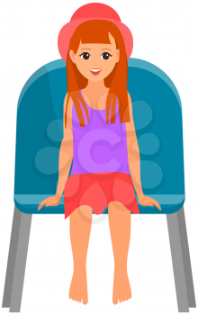 Cute redhead girl sitting on chair and watching show. Young female character in viewer seat looking at performance isolated on white background. Child in audience, spectator sitting on viewer place
