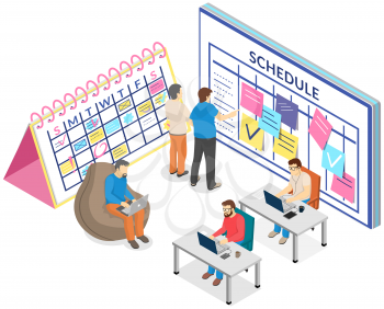 Project planning, deadline and time management concept. Business team makes office timetable of meetings and events. People analyze plan, schedule. Work schedule planning vector illustration