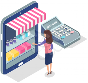 Shopping app with woman push buy button from online shop. App for purchasing goods in store via Internet. Online shopping application, lady chooses goods in store. Girl makes purchase in Internet