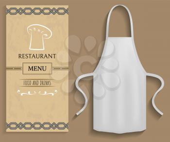White apron next to piece of paper with menu. Clothes for work in kitchen, protective element of clothing for cooking. Apron for cooking in kitchen and protection of clothes near restaurant menu