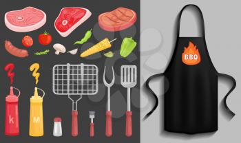 Protective garment for cooking. Safety clothing for barbecue cookery. Apparel for grilling. Black apron with barbecue restaurant logo image. Apron for cooking in kitchen and protection of clothes