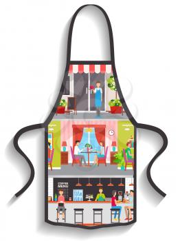 Black apron isolated on background. Clothes for work in kitchen, protective element of clothing for cooking. Apron with image of people eating in restaurant. Cooking restaurant meals at home