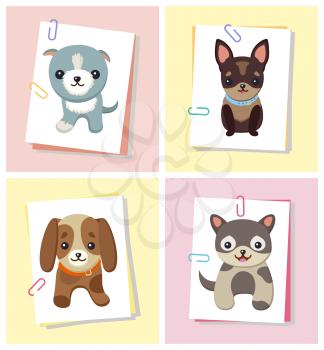 Puppies and dogs poster set, collection of pets pictures, creatures of different breeds and colors, isolated on vector illustration. Dog on a piece of paper clamped with a paper clip