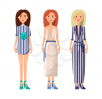 Women wearing fashionable summer mode clothes, clothing of summer mode collection, skirt and top, chemise with leaf, isolated on vector illustration