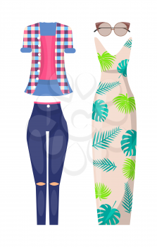 Summer stylish outfits casual and elegant. Ripped jeans with checkered shirt, long dress with floral print and modern sunglasses vector illustrations.