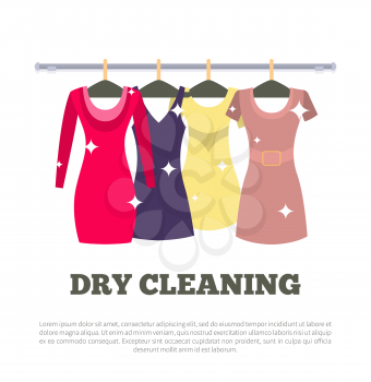 Dry cleaning service poster with women dresses hanging on hangers vector illustration with clean garment isolated white background, females apparel