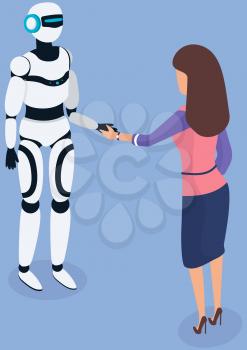 Robotics development, robot shakes hands with person. Woman communicating with artificial intelligence. Automatic artificial intelligence device talks to girl. Communication with technology