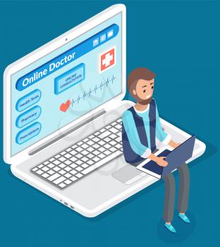 Online doctor. Consultation with doctor using remote communication concept medical application on computer. Man app developer works with medical software. Laptop with app for online conversation