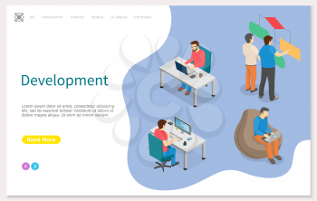People working on web development on computer. Busy employees at workplaces work with technology. Overworked cartoon characters sitting at desks. Website for development landing page template
