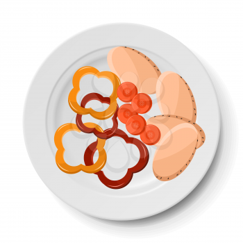 Fresh vegetables and meat on plate. Paprika, carrots, and meat platter. Healthy dish of fresh food. Dish for restaurant, dishware with food. Assorted natural ingredients on plate vector illustration