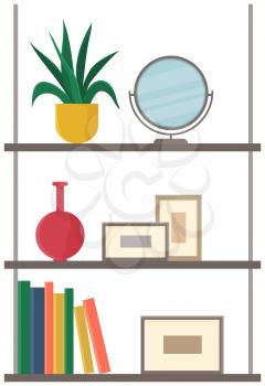 Wooden cabinet or rack with shelves, decorations. Office or home furniture isolated on white background. Books, potted grass, vase, mirror on shelves. Furniture, interior element, open cabinet