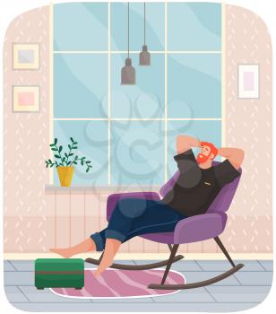 Man lying on sofa in apartment. Happy young guy relaxing, dreaming. Rest on couch and think about something. Home leisure. Male character lies on divan and smiles, enjoying time at home after work