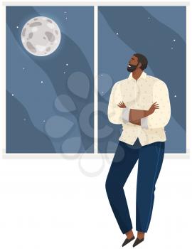 Young smiling man thinking about future and looks out window at moon and dark sky with stars. Guy sitting on windowsill, relaxes and reflects on his dream on white background at home in evening
