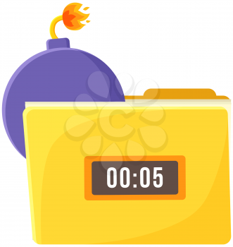 Lilac bomb with timer on and fire burns on wick isolated on white background vector illustration. Danger symbol, round dynamite. Detonating hazard charge. Explosive attack weapon with time board