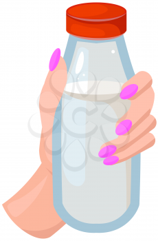 Plastic bottle with red cap with milk inside. White nutritious liquid, healthy drink in container. Woman s hand holding bottle with fresh milk. Sterilized drink, dairy product vector illustration