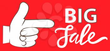Big sale banner. Sale and discounts. White text and hand on red background. New arrival, big sale and special offer. Black friday up to. Big discount with human hand pointing to advertising phrase