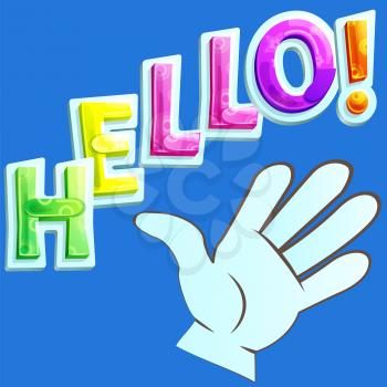 Human hand in cartoon style and hello quote, blue background hand waving infographic. Hello welcome or goodbye gesture icon. Vector color illustration open palm and five funny fingers facing right