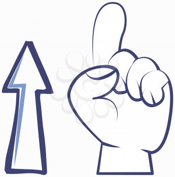 Arrow indicates direction vector design icon with attention hand gesture index finger points up. Pointer with sharp top pointing up forth. Monochrome sketch outline of symbol sign direction