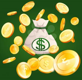 Large cloth bag with dollar symbol. Sack with coins as symbol of wealth and success. Container with money isolated on green background. Income and high earnings in cash. Dollar coins fall into bag