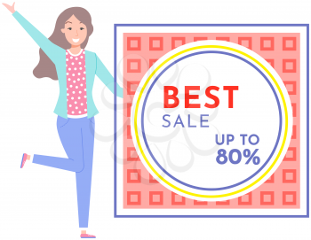 Woman standing near hot sale in online store icon. Discounts, marketing, sale of goods on Internet. Online shopping, trade, selling, distribution concept. Sale advertisement, announcement of discount