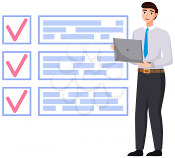 Month scheduling, to do list, time management. Businessman stands near checklist and planning. Plan fulfilled, task completed, timetable on paper sheet. Check list plan, schedule creation concept