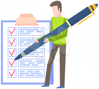 Man with giant pencils standing near checklist, to do plan on clipboard. Successful completion of business tasks, time management, scheduling concept. Male character working with check sheet