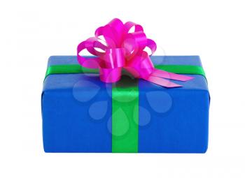 Blue gift box with a green tape and crimson bow