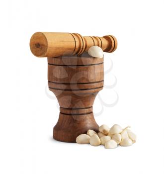 garlic and wooden mortar