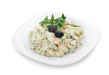 portion Russian salad Olivier, isolated on white.object with clipping paths