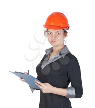 woman builder in a helmet and tablet in hand. isolated on white
