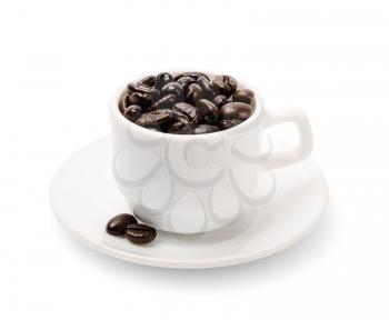 black coffee grains in a cup isolated on white. object  with clipping paths