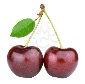 two of ripe cherry and green sheet isolated on white