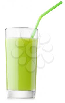 glass of fresh kiwi juice, parsley, broccoli with straw isolated on white with clipping paths