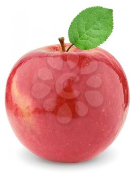 Ripe red apple with a green leaf. Isolated on a white background.
