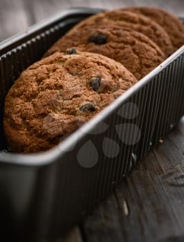 oatmeal raisin cookies in a box close up