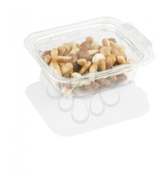 chocolate chip cookies shaped like mushrooms in a transparent box isolated on a white background with clipping path