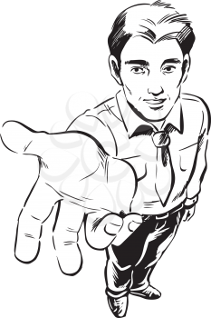 High angle perspective of a handsome man holding his hand out with the palm up to the viewblack and white hand-drawn doodle illustrationer,