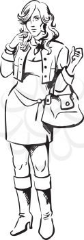 Trendy young woman in boots and a miniskirt and holding a handbag standing thinking, hand-drawn black and white vector illustration