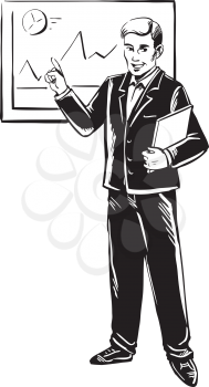 Finance manager giving a presentation using graphs showing the latest financial statistics and trends, black and white hand-drawn vector illustration