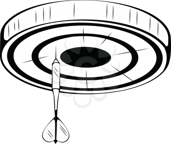 Black and white hand drawn sketch pf a dart in a dart board or target conceptual of achievement, success and accuracy