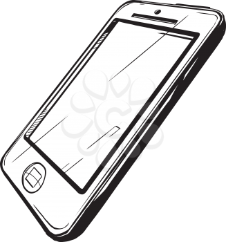 Modern smartphone pictured at an oblique angle from the side with a blank screen, black and white hand-drawn vector illustration