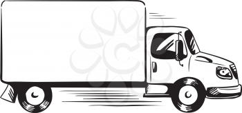 Side view of a service or delivery van for commercial transportation, black and white vector illustration - doodle