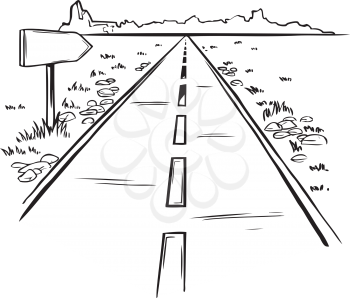 Receding perspective of a straight road with centre markings and a blank roadsign disappearing into the distance in flat countryside , black and white hand-drawn doodle illustration