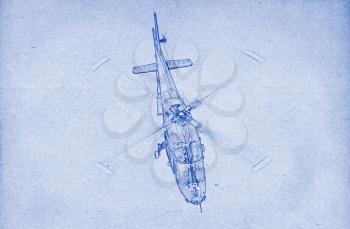 Grungy technical drawing or blueprint illustration on blue background, helicopter