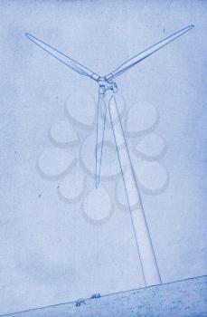 Grungy technical drawing or blueprint illustration on blue background, modern windmill