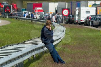 DRONTEN,FLEVOLAND,HOLLAND-APRIL 24: A truck colliding with a large brigde in the highway A6 has caused a large traffic jam on April 24, 2012 at Dronten,Flevoland,Holland