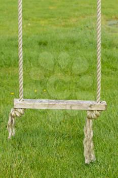 Old wooden tree swing with green grass background